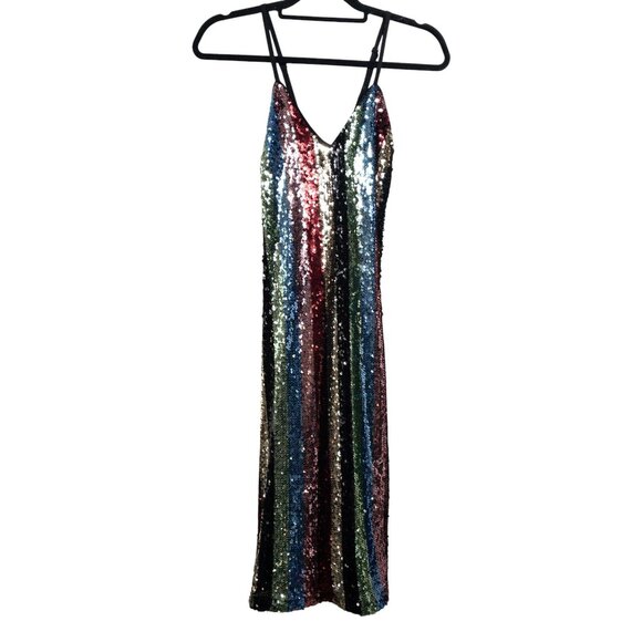 Lucy Paris Multicolor Striped Sequin Spaghetti Strap Midi Dress SZ S - Picture 1 of 11